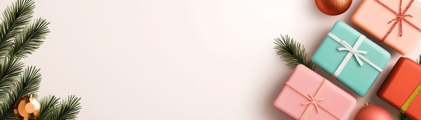 Pastel Christmas Gifts and Ornament Border on White Backdrop, Holiday, Presents