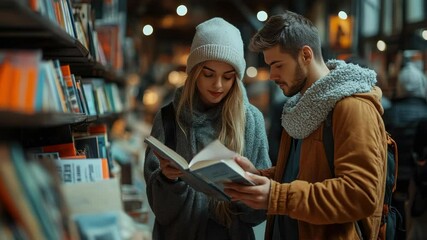 Visitors in a bookstore selecting a book for reading, exploring various genres and enjoying the quiet atmosphere of the store. - Powered by Adobe