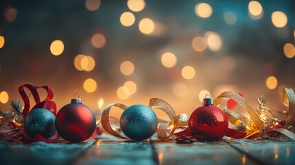 Festive baubles and colorful ribbons set on a glowing New Year background full of colors