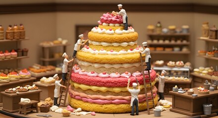 Miniature confectioners meticulously decorate a towering multi-layered cake in a bakery setting, using tiny ladders for access.