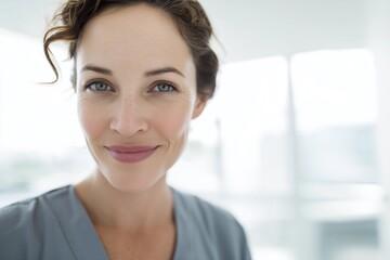 Editorial headshot capturing the warmth and empathy of a healthcare worker. Ideal for human interest stories or profiles on medical staff. Authentic feel.