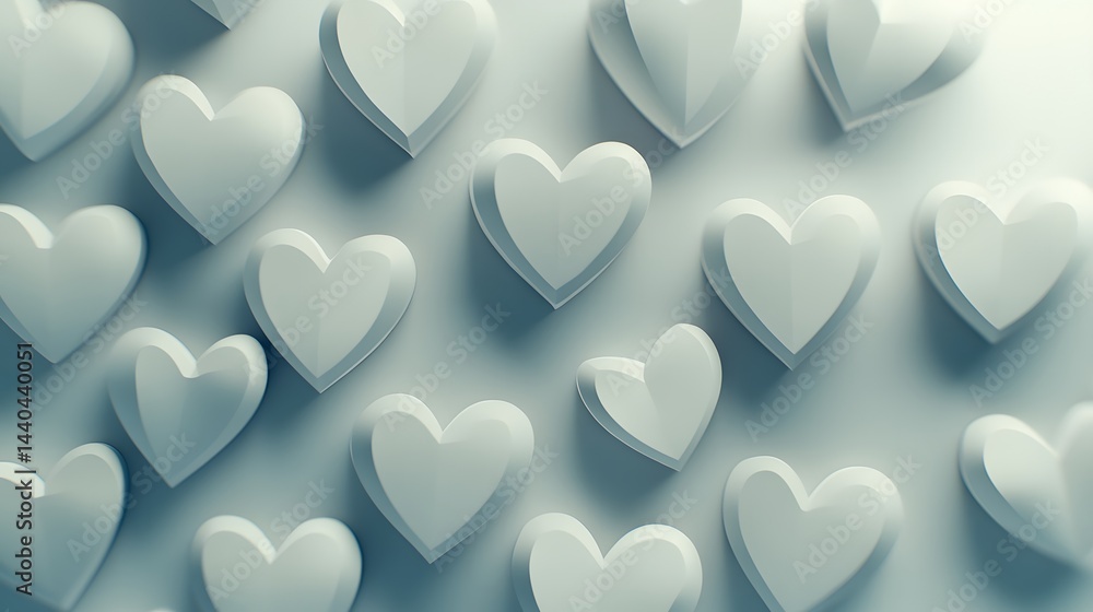 Poster many light grey 3d hearts arranged in a pattern on a light background. a simple, elegant design idea