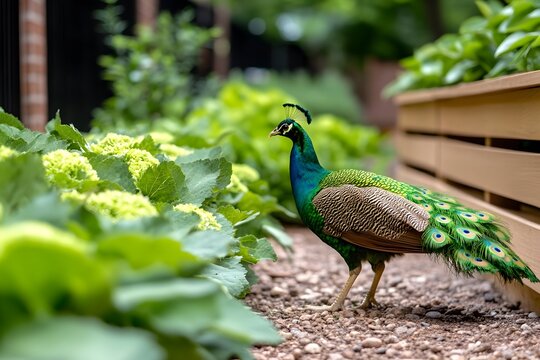 A vibrant green peacock struts through a lush garden, its iridescent plumage contrasting beautifully with the pale green hydrangeas and brown garden beds
