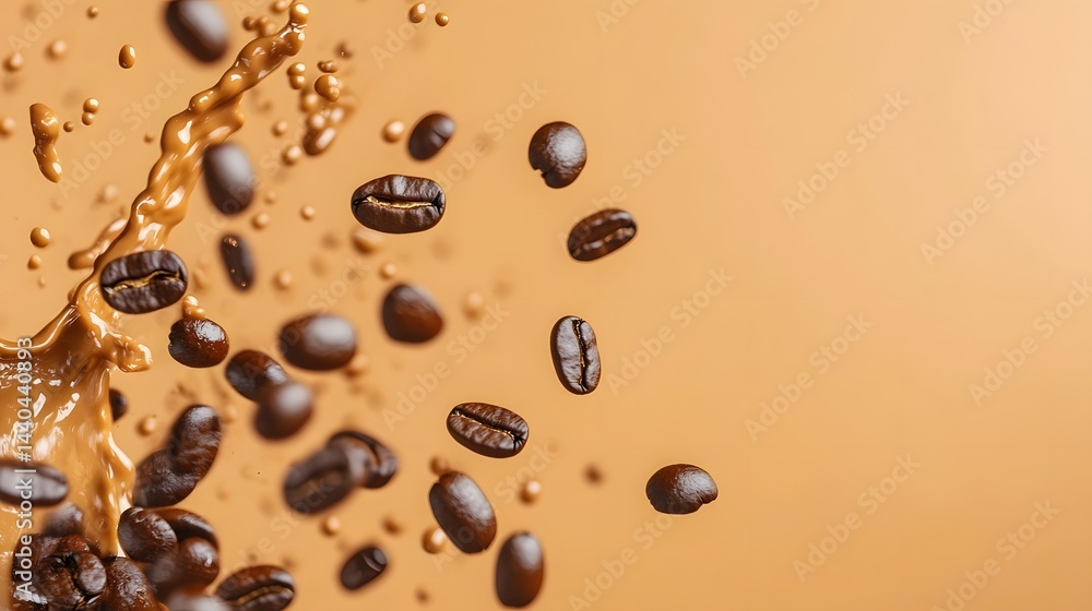 Poster dynamic splash of freshly brewed coffee and floating beans