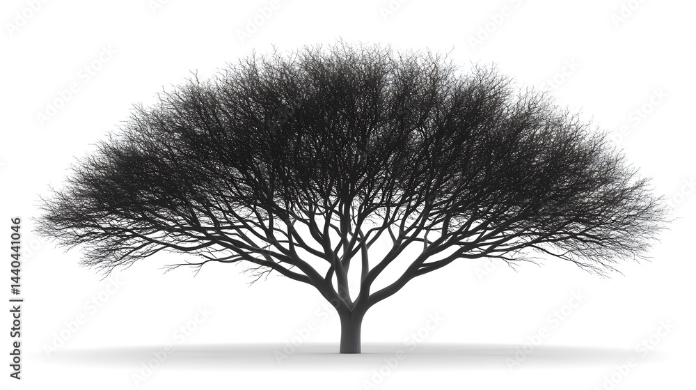 Poster silhouette of a leafless tree against a white background. the tree's branches spread wide, creating 