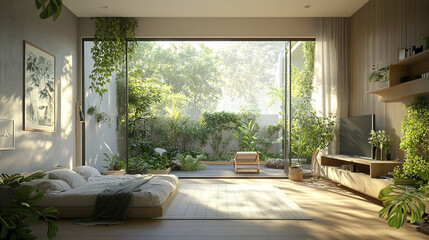 serene open plan studio with balcony garden, filled with natural light and greenery