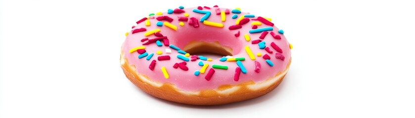 Pink Frosted Donut with Colorful Sprinkles on White Background, Sweet , Dessert