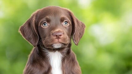 Obraz premium Adorable chocolate brown puppy with white chest, large expressive eyes, sits against a blurred green background