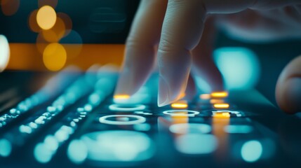 Fingers with luminous rings typing on invisible keyboard, elegant tech-inspired scene