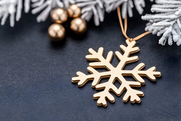 A gold snowflake ornament hangs against a dark background, adorned with frosted pine branches and gold baubles
