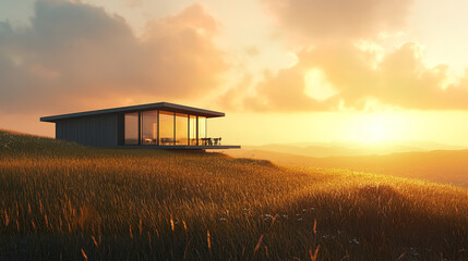 modern house on hilltop surrounded by tall grass, illuminated by warm sunset glow