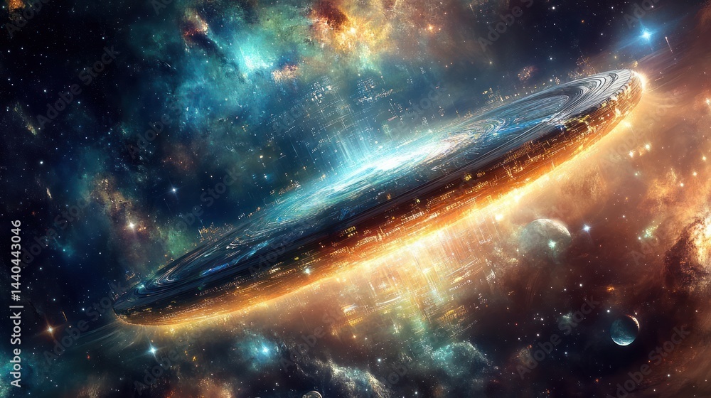 Wall mural a glowing space structure surrounded by celestial objects and cosmic dust
