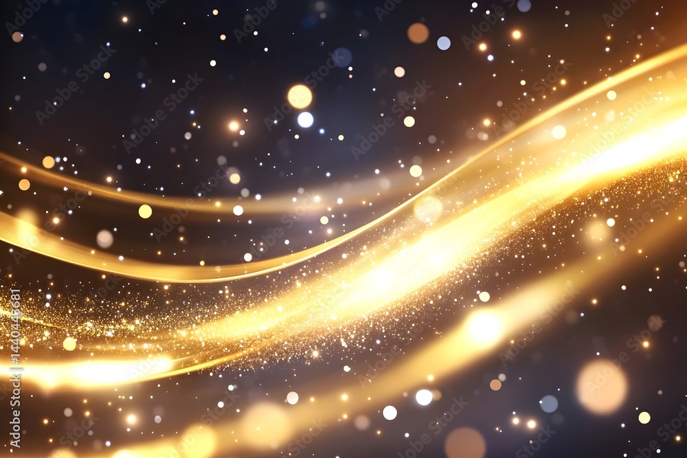 Poster golden wave of light with sparkling particles on dark background