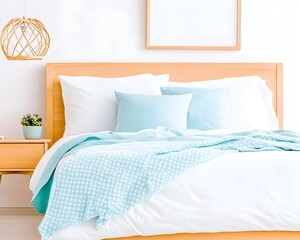 Light blue bedding, wooden headboard, and light wood nightstand in a bright bedroom