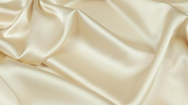 Flatlay of luxurious, lightweight 19 momme satin silk flowing gracefully on a table. The close-up reveals its pearl beige, shine and smooth texture, embodying elegance and high-quality craftsmanship