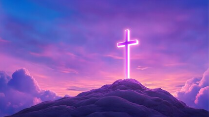 Glowing purple cross atop a hill against a vibrant sunset sky