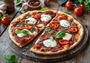 Freshly Baked Margherita Pizza with Melted Cheese and Basil Leaves on Rustic Wooden Table Surrounded by Ingredients and Herbs
