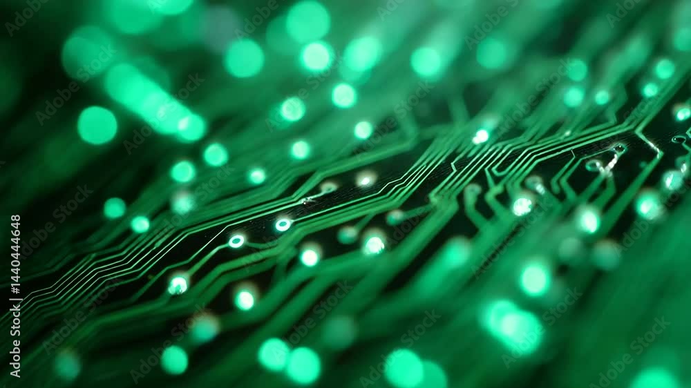Poster cutting-edge circuit board development in a futuristic laboratory setting.