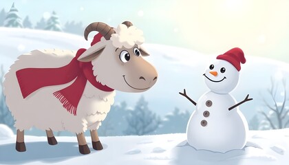 Cartoon Sheep with Red Scarf Smiling at Snowman in Winter Wonderland