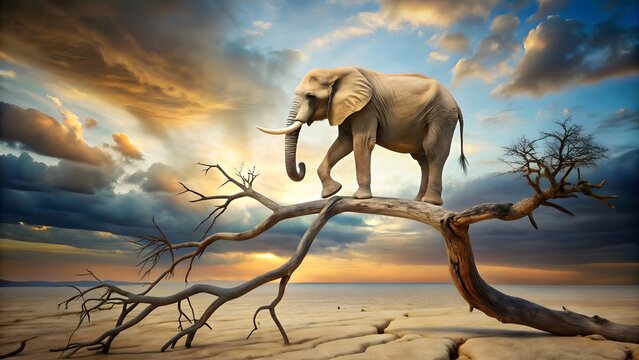 Elephant and giraffe stands on thin branch of withered tree in surreal landscape. The concept of friendship.