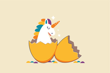 Unicorn startup company, venture capital to fund small company to success in world business competition, begin or start new company concept, precious unicorn with rainbow just hatch from golden egg.