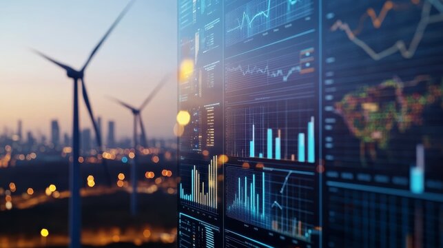 Abstract Digital Interface with Cityscape and Wind Turbines at Twilight