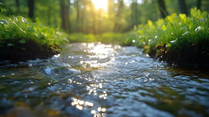 Fototapeta premium Sunlight Glimmering on Stream in a Lush Forest, Sparkling Water and Greenery on Banks, Woodland Scenery for Springtime Projects