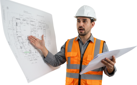 Construction worker explaining architectural blueprint with open hand gesture
