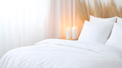 Serene bedroom scene with white bedding, lit candles, and pampas grass decor near bright window