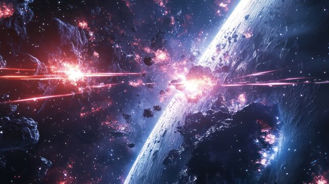 A dramatic space scene with exploding nebulae and a planet