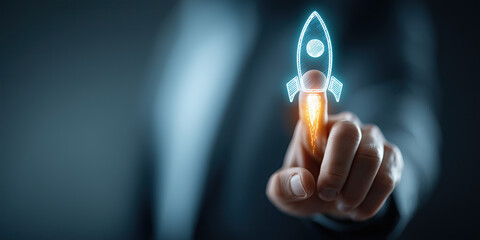Businessman touching rocket launch hologram, symbolizing innovation and startup success