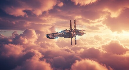 Pixel Art Spaceship Soaring Through Sunset Clouds