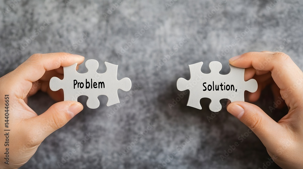 Poster hands connecting problem and solution puzzle pieces for business strategy