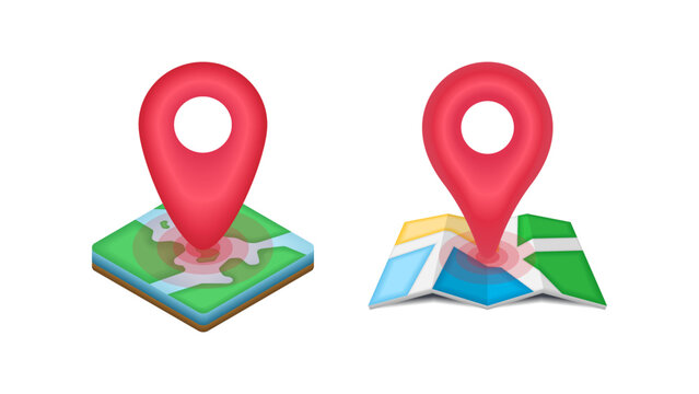 3D Map Icon with GPS Pin and Location Marker. Isometric Road Trip, Travel Destination, City Navigation Symbol Vector Illustration.