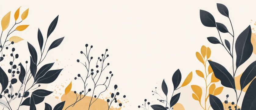 Elegant botanical background with dark leaves and golden accents, creating a serene and modern floral design for invitations or website headers