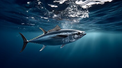 Fototapeta premium Underwater photography of yellowfin tuna school swimming in ocean wildlife deep sea photography with sunlight and marine life