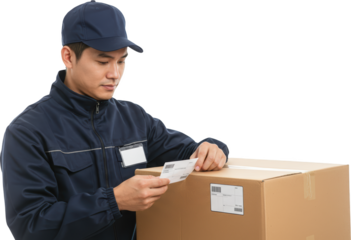 Delivery Man Carefully Inspecting Package Label Before Shipping Process Begins