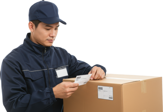 Delivery Man Carefully Inspecting Package Label Before Shipping Process Begins