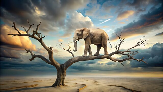 Elephant and giraffe stands on thin branch of withered tree in surreal landscape. The concept of friendship.