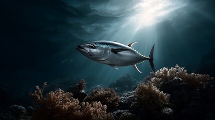 Underwater photography of a school of yellowfin tuna in deep sea ocean wildlife scene with sunlight and marine life