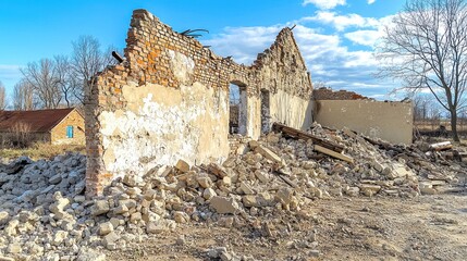 Partially destroyed brick wall with sharp edges and rubble.