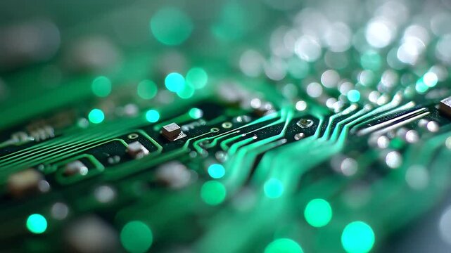 Close-up view of a circuit board being examined under a microscope in a cutting-edge laboratory.