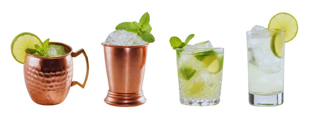 Moscow Mule, Mint Julep, Caipirinha, Gin Rickey cocktail PNG set bundle, transparent isolated background. Mixology, bar menu cocktails, colorful vibrant refreshing drink with garnish See Less


