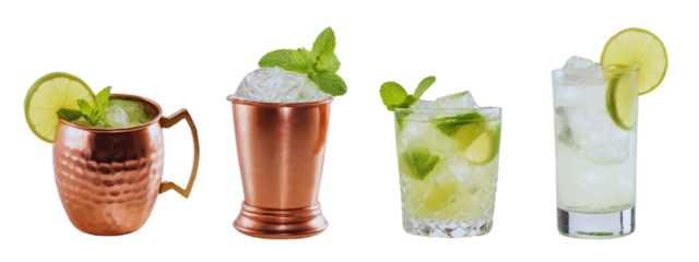 Moscow Mule, Mint Julep, Caipirinha, Gin Rickey cocktail PNG set bundle, transparent isolated background. Mixology, bar menu cocktails, colorful vibrant refreshing drink with garnish See Less


