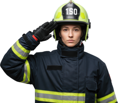 Determined Female Firefighter Saluting Wearing Protective Gear and Helmet