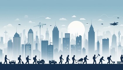 Cityscape Silhouette Workers Progressing Towards Modern Urban Development
