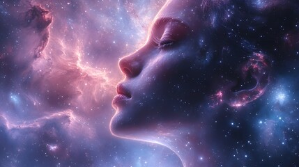 Dreamy profile with eyes closed against universe backdrop; woman amidst nebulae, stars and celestial cloudscape.
