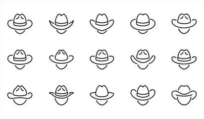 Editable stroke icons of various hats, including fedoras, top hats, and cowboy hats, ideal for fashion.