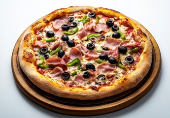 Freshly baked pizza with ham, black olives, green peppers, and cheese displayed on a wooden board, capturing deliciousness and appetizing appeal for food lovers