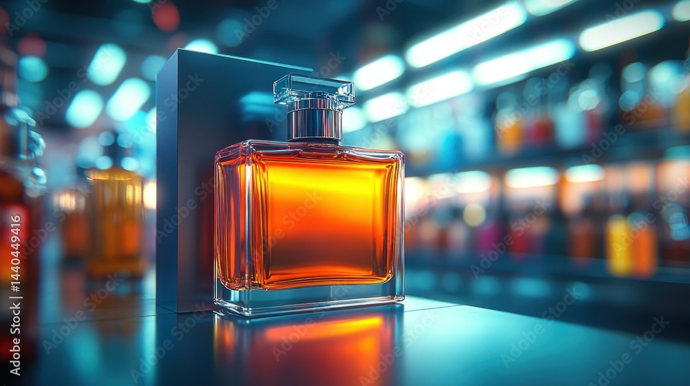 Poster amber perfume bottle on display